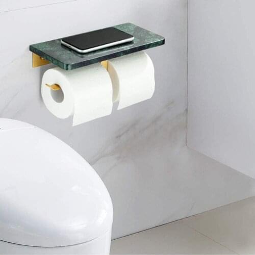 Marble Brass Bathroom Tissue Holder Wall Mounted Toilet Paper Holder with Mobile Phone Storage Shelf