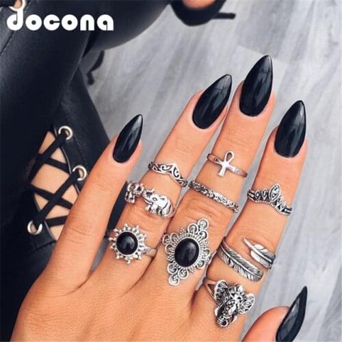 Docona Retro Carved Ring Bohemian Midi Ring Set Vintage Elephant Bow Anillos Knuckle Rings For Women Boho Jewelry 5775
