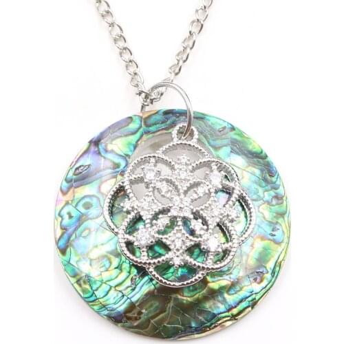 FYSL Silver Plated Flower Abalone Shell Round Hollow Pendant White Howlite Stone Necklace Charm Jewelry