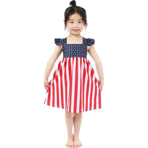 Kaiya Angel New Design Dress for Children Summer Girls Dot & Striped Prined 4th of July Clothes Baby Ribbon Bow Suit Wholesale