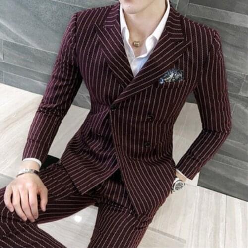 Explosive suit 2020 autumn and winter mens fashion striped small suit Dress wedding suit jacket + pants double-breasted 250