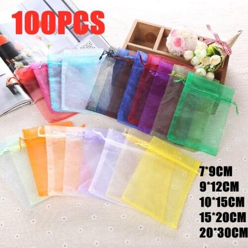 100pcs/lot 7x9cm 9x12cm 10x15cm 20x30cm Drawstring Organza Bags Jewelry Packaging Bags Candy Wedding Bags Wholesale Gifts Pouche