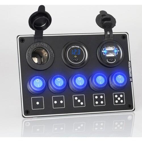 5 Gang ON-OFF Switch Panel With 4.2A Dual USB Socket LED Voltmeter Power Outlet 12V 24V For Car Boat Circuit Protection Switch