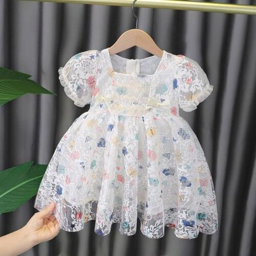 Short Sleeve Girls Princess Dress Fashion Baby Summer Korean Dresses 3-year-old Toddler Girl White Floral Dress Wholesale
