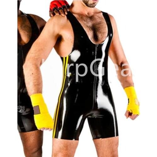 Sleeveless Sexy Latex Jumpsuit with stripes at sides no zipper Latex Rubber playsuit romper jump suit custom made
