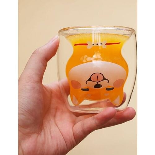220ml Shiba Inu Glass Cup Cute Heat-resistant Double Coffee Mug Transparent Milk Cup Cute Cartoon Pet Cup Childrens Cup