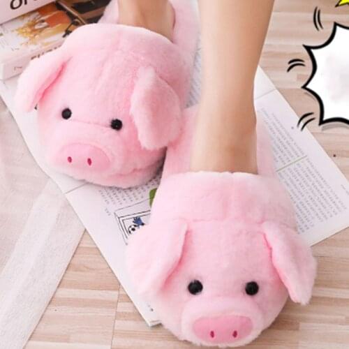 2021 Women Winter Cute Pink Pig Animal Cartoon Plush Slippers Non-Slip Furry Shoes Suitable for foot size: 36-39