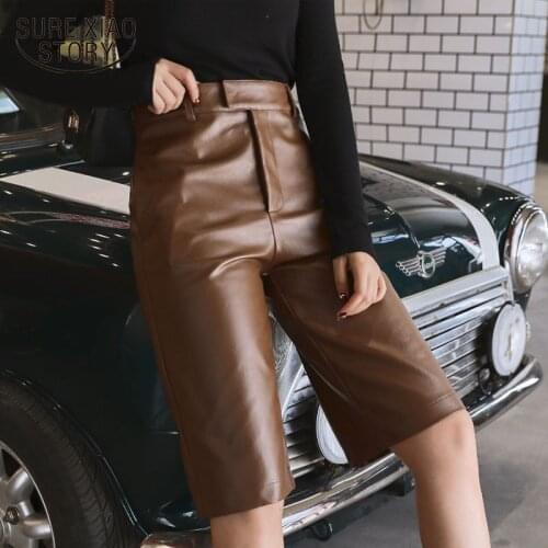 2021 Spring Plus Size British Style Autumn Winter Women PU Leather Short High Waist Fashion Trouser Casual Overalls Streetwear