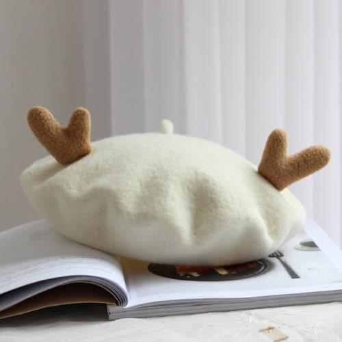 Japanese-style MORI Series Retro Beret Womens Autumn And Winter PURE Wool? Cute Antlers Christmas Beret Painter Hat