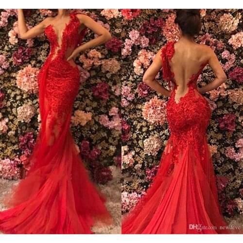 Robe De Soiree One Shoulder Prom Dresses Red Mermaid Lace Appliqued Formal Dubai Middle East Evening Party Gown 2021