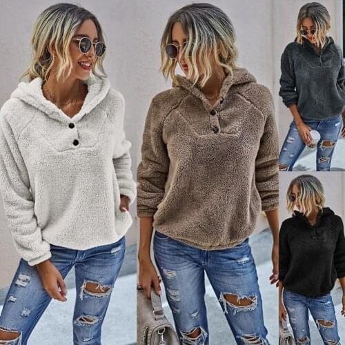Winter Spring Woolen Hoodie Casual Loose Soild Plush Sweatshirt Women Three Buttons Hooded Long Sleeve Winter Clothes Women