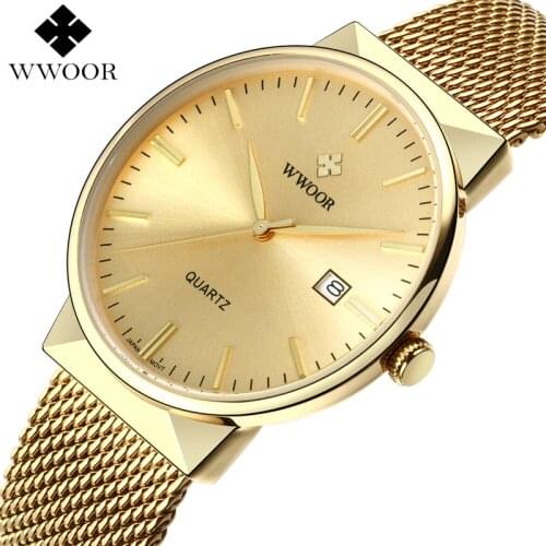 WWOOR Gold Mens Watch Date Waterproof Stainless Steel Watch Men Sport erkek kol saati Male Clock Brand Quartz Wristwatches