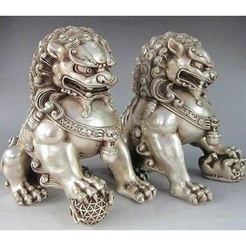 15.5cm Chinese Silver Bronze Fu Foo Dog Guardian lion Statue Pair