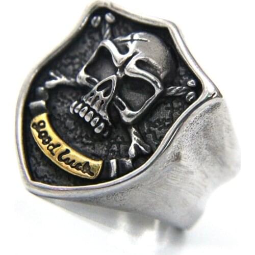 2017 Cool GOOD LUCK Ring With Golden Flower 316L Stainless Steel Mens Women Shield Skull Ring