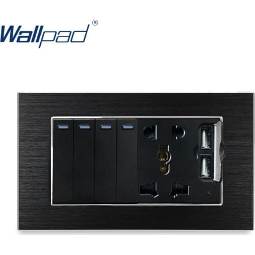 4 Gang 2 Way Switch With 5 Pin Socket 2 USB Charger Wallpad Luxury Wall Outlet Satin Metal Panel 146*86mm 5V 2400MA
