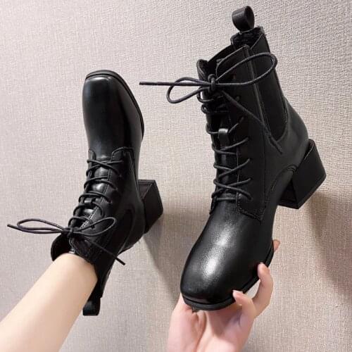 Vogue Ankle Boots Black Boots Women Casual Low Heels Short Boots Lace Up PU Leather Shoes Woman Autumn