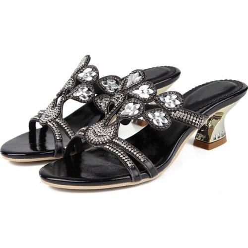 Women Summer Horse Shoe Heel Thick High Heel Slippers Luxury Rhinestone Slippers Casual 6 cm High Heel Slippers