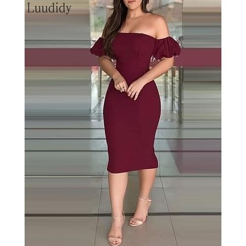 Women Sexy Elegant Off Shoulder Bodycon Midi Dress Puff Sleeve Solid Zipper Design Slit Party Dress