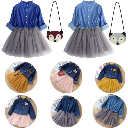 Toddler Kids Baby Girl Clothes Set Denim Tops T-shirt Lace Mesh Tutu Skirt Outfits Cowboy Suit Children Set with Bag 3pcs Set
