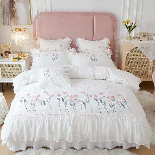 All cotton embroidery Lace Princess style bedding sets queen king size duvet cover set bed skirt set pillowcase bedclothes 4Pcs