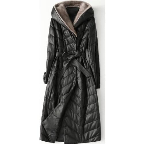 Free Shipping New Genuine Lamb Leather Jacket X-long Womens Down Coat with Mink hood Sheepskin coat Wholesale Retail OEM