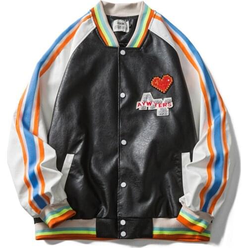 PU Leather Jacket Men Patchwork Color Love Letter Embroidery Baseball Uniform Spring Autumn Oversize Couple Korean Motorcycle