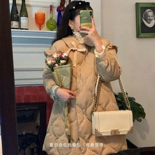 Retro Girly bow-knot cotton-padded Jacket Winter New Sweet And age-reducing Small Thick mid-length Padded Jacket