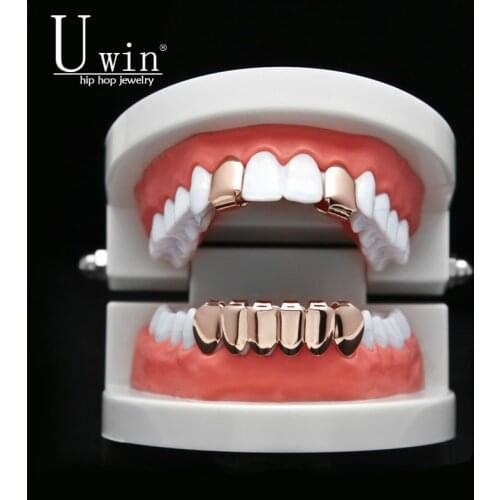 UWIN Hip Hop Rose Color Custom Mouth Grills Set 2pcs Single Top & 6 teeth Bottom set gold grills