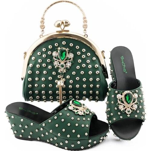 2020 New Green Color Matching Italian design Shoe and Bag Set Ladies Matching Shoes and Bags Italian In Women Nigerian Shoes