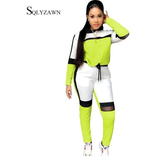 Autumn Mesh Stripe Women Sport Two Piece Set Neon Hoodies Long Sleeve Shirt Top Pants Casual White Trouser Suit Outfit Plus Size