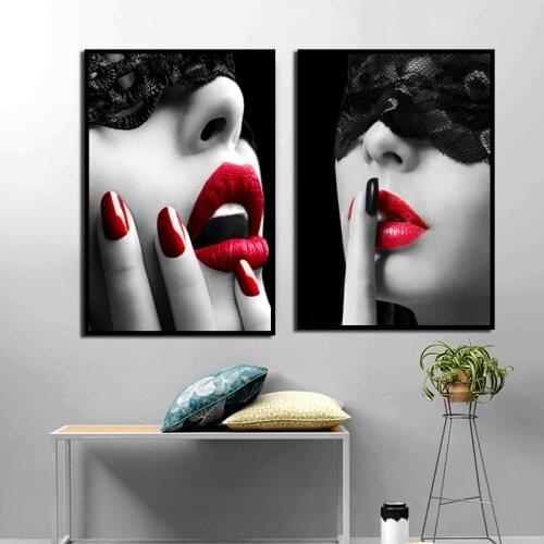Poster HD Print Sexy Red Lips Pretty Woman Wearing Black Blindfold Canvas Art Modern Nordic Living Room Bedroom Home Decor