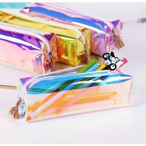 Kawaii Laser Transparent Reflective Pencil Case Large Capacity Pencilcase Bag Chancery School Supplies Stationery Penalty