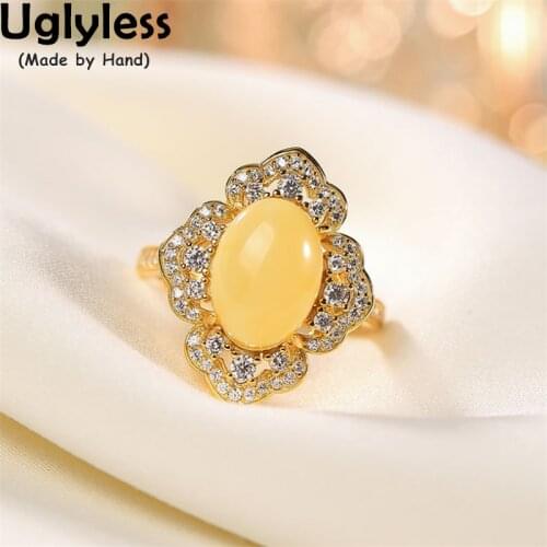 Uglyless Sparkly Crystals Elegant Lady Evening Dress Jewelry for Women Natural Beeswax Rings Chicken Oil Amber Bijoux 925 Silver