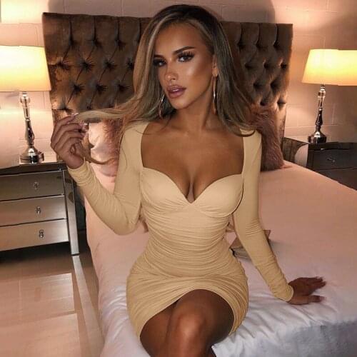 BKLD Party Dresses Women Clothing 2021 New Autumn Deep V-Neck Wrap Chest Long Sleeve Slim Ruched Fashion Dress Solid Color