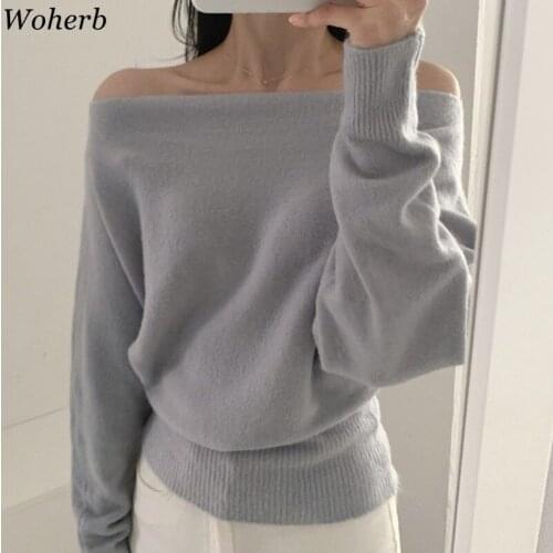 Woherb 2021 Sweater Women Winter Sexy Loose One Shoulder Clothes Solid Pullover Jumper for Female Causal Autumn Women Sweater