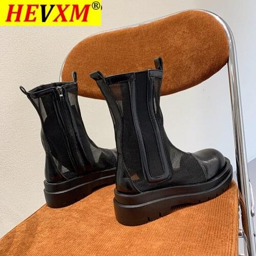 Women Boots Zipper High Quality Mesh Breathable Cool Round Toe Mid Heels Shoes Patchwork Novelty Mid Calf Female Shoes