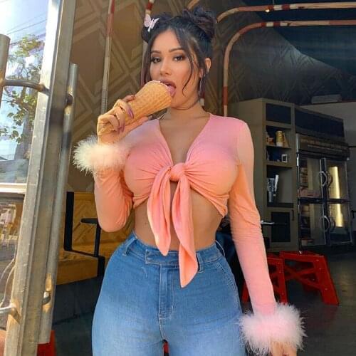 Sexy Women Front Bandgae Lace up Pink V-Neck Long Sleeve Patchwork Feathers Cute Cropped Skinny Fall Short Tops Streetwea