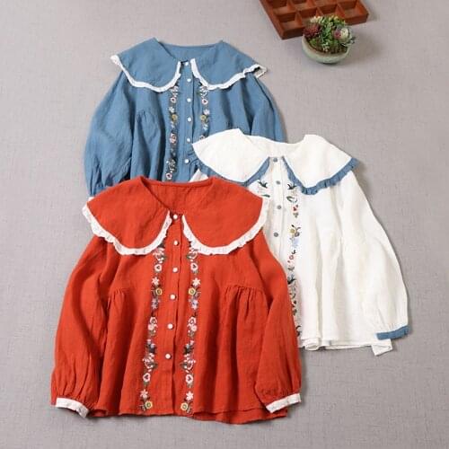 Mori Series Sweet Japan Style Embroidered Top Shirt Women Single Breasted Long Sleeve Casual Shirts