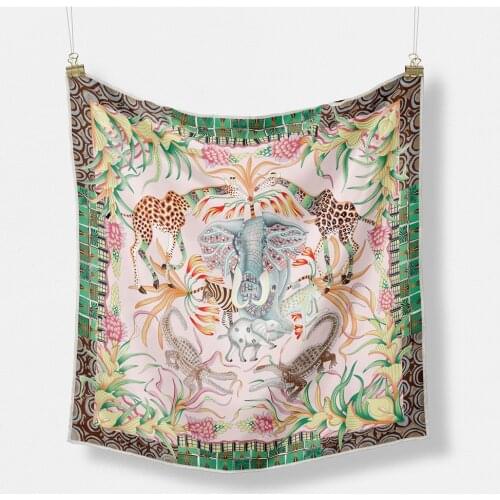 Twill Silk Scarf Woman Forest Animals Print Square Scarves Wraps Bandana Small Hijab Foulards Lady Tie Headband Neckerchief 53CM
