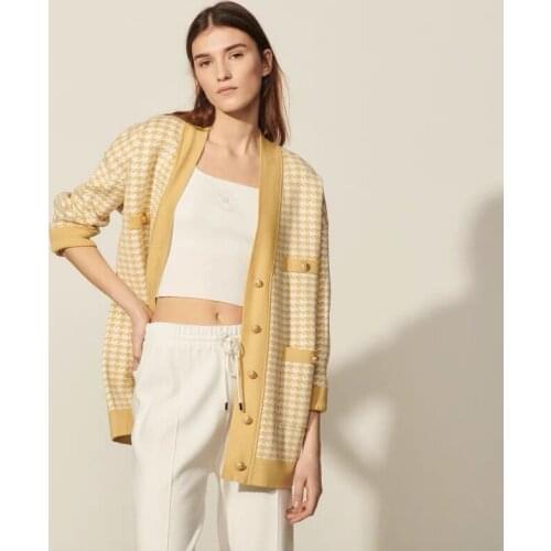 2021 spring and summer new womens youth houndstooth pattern V-neck long-sleeved knitted cardigan A00310