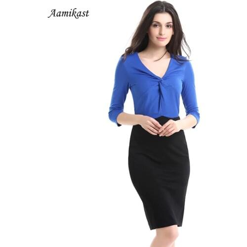 AAMIKAST New Fashion Elegant 2018 V-neck Three Quarter Sleeve Patchwork Party Evening Business Wear To Work Women Dresses