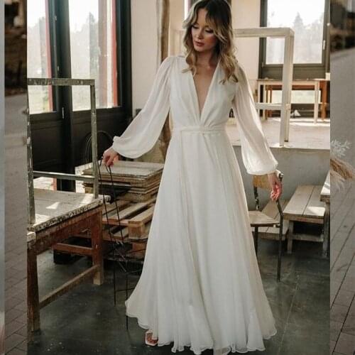 2021 Elegant Wedding Dress V-Neck Long Sleeve Floor Length Bohemian Robe De mariee Charming For Women Brides Gown Elegant Civil