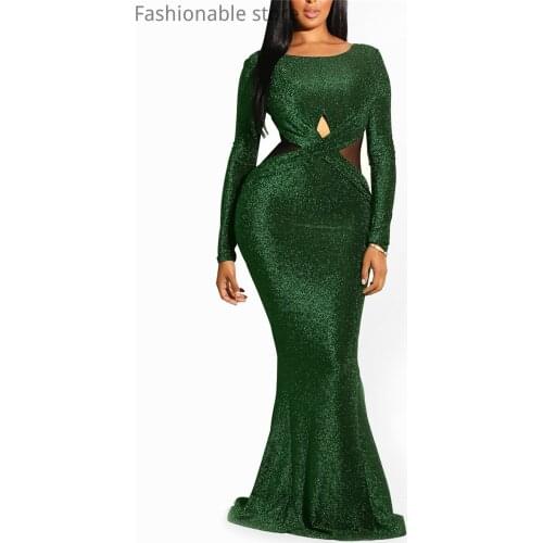 Elegant Shinny Hollow Backless Maxi Dress Women O-Neck Long Sleeve Party Dress