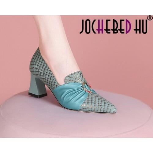 【JOCHEBED HU】French high heels 2021 spring and autumn new deep mouth color matching bow pointed thick heel comfortable shoes