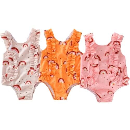 3 Colors Summer Toddler Swimwear Kids Baby Girls Cute Ruffles Rainbow Print Backless Swimsuit Beachwear Bathing Suit for Holiday