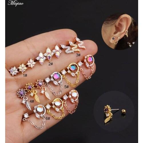 Miqiao 1 Pair New Stud Earrings Female Earrings Piercing Jewelry Stainless Steel Earrings Colored Zircon Double Ear Holes