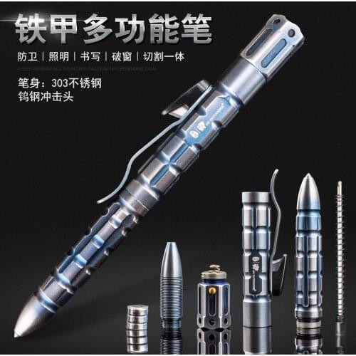 Multifunctional tungsten steel head tactical pen defense self-defense broken window survival writing tactical led cutting rope