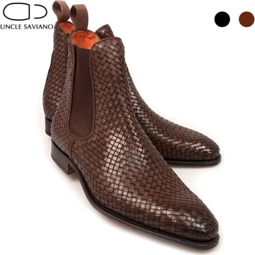 Uncle Saviano Winter Mens Boots Shoes Work Boots Genuine Leather Hand Woven Fashion Designer Shoes Men High-top Add Velvet