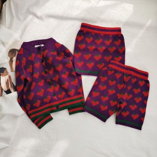 2020 New Girl Sweater 2-piece set strawberry jacquard childrens knitted cardigan sweater + skirt + Shorts Set