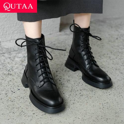 QUTAA 2022 Round Toe Lace Up Casual Ankle Boots Square Heel Autumn Winter Women Shoes Fashion Cow Leather Short Boots Size 34-39